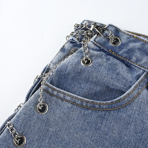 Stacked Asymmetrical Side Slit Chain Jean Pant - Picture 5 of 9